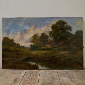 Antico dipinto ad olio di paesaggio shabby, olio antico olandese, paesaggio inglese, cottage antico, fattoria, olio originale su tela, olio usurato immagine 2