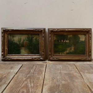 アンティークフランス風景油絵、シャビーゴールドフレーム、2枚セット