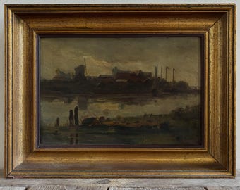Antico dipinto ad olio raffigurante una suggestiva scena fluviale, originale olandese.