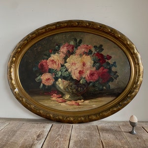 Groot antiek rozenolieverfschilderij, antiek stilleven, antieke ovale bloemen, antieke bloemen, antiek Nederlands, originele olie, gouden lijst afbeelding 2