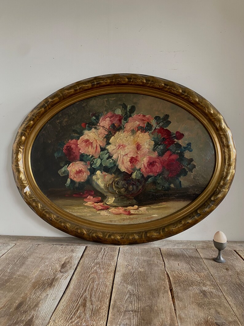 Groot antiek rozenolieverfschilderij, antiek stilleven, antieke ovale bloemen, antieke bloemen, antiek Nederlands, originele olie, gouden lijst afbeelding 2