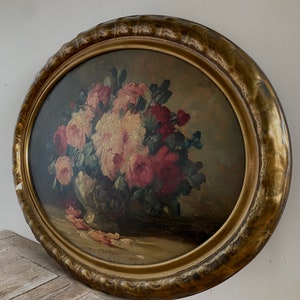 Groot antiek rozenolieverfschilderij, antiek stilleven, antieke ovale bloemen, antieke bloemen, antiek Nederlands, originele olie, gouden lijst afbeelding 5