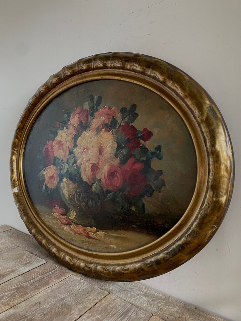 Groot antiek rozenolieverfschilderij, antiek stilleven, antieke ovale bloemen, antieke bloemen, antiek Nederlands, originele olie, gouden lijst afbeelding 5