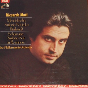 May include: A black and white record album cover featuring a portrait of Riccardo Muti, a conductor, with the text "Riccardo Muti" and "New Philharmonia Orchestra" in white. The album features the symphonies of Mendelssohn and Schumann.