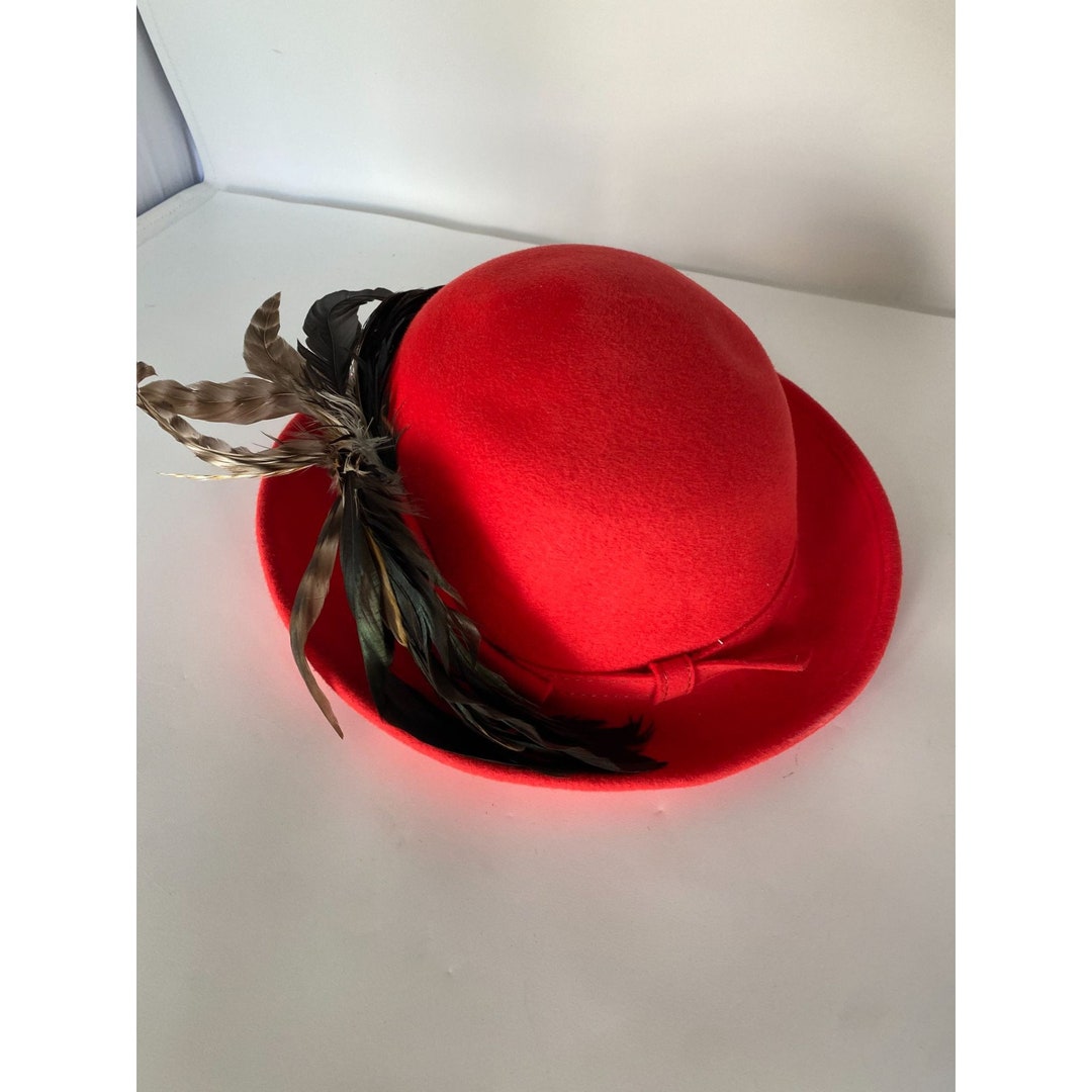 Mr John Classic Red Derby Hat With Black Feathers 100 Wool Etsy