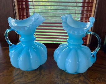 Vintage Blue Fenton Ruffled Melon Pitcher Hand Blown Glass Set of 2