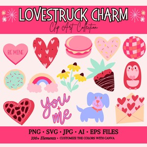 Charm de enamorados, San Valentín SVG, PNG, EPS, JPG, AI, Digital, Amor, Ilustración prediseñada, Corazones, Flores, Cupido, Galletas, Donas, Flechas