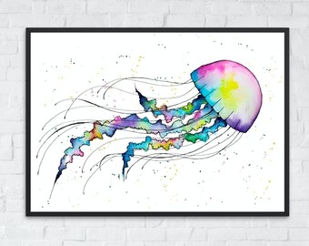 Jellyfish Printable Wall Art, Ocean Animals, Watercolor Jellyfish Art Print