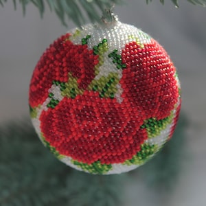 Christmas decoration Red roses Christmas decoration Christmas tree ornaments  Handmade Christmas balls  Holiday tree decor  Beaded balls