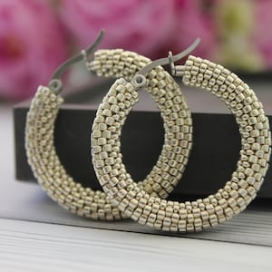 Silver Beaded Hoop Earrings: Japanese Seed Beads, Dainty Jewelry