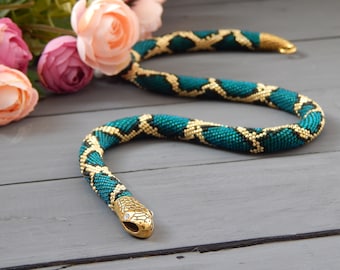 Green snake necklace Serpent necklace Snake choker Birthday gift  Bead crochet Necklace Statement jewelry Snake jewelry women Python print