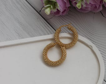 Gold Seed Bead Hoop Earrings: Stainless Steel Base, Beige