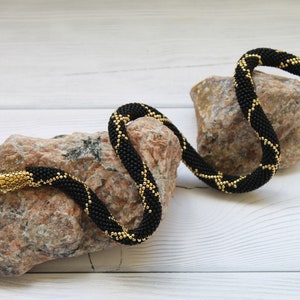Black Bead Crochet Snake Necklace: Serpent Jewelry, Crystal Eyes