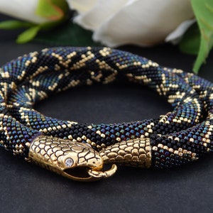 Animal necklace Bead crochet rope necklace Ouroboros jewelry Silver snake bead necklace Gray seed bead Statement necklace Snake choker