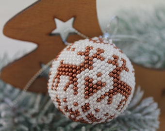 Crochet Christmas Ornament: White Beaded Bauble with Deer