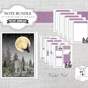 Peut inclure: Un ensemble de notes numériques comprenant 10 pages imprimables sur le thème Violet Veil. Le lot inclut de la papeterie lignée et décorative avec des illustrations de château, de pleine lune, de corbeau en vol et de livres en violet et gris.
