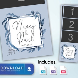 Wedding Photo Booth Template, Editable, Light Blue Floral,  2x6 Strips, 3 Photos