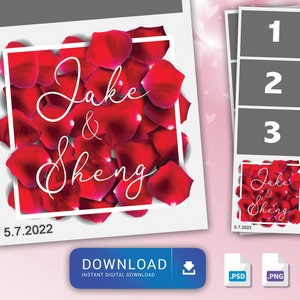 Wedding Photo Booth Template, Editable, Red Rose Petals, 2x6 Strips, 3 Photos