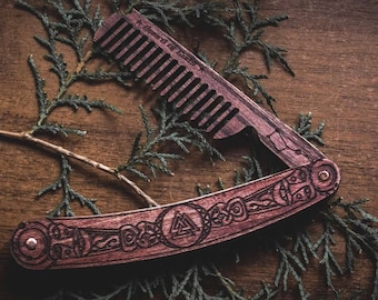 Viking Wooden Beard Comb | Valknut | Pocket Comb | Gift for Him