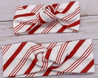 Candy Red Stripes Headband: Organic Knotted Bow Turban - Mommy and Me