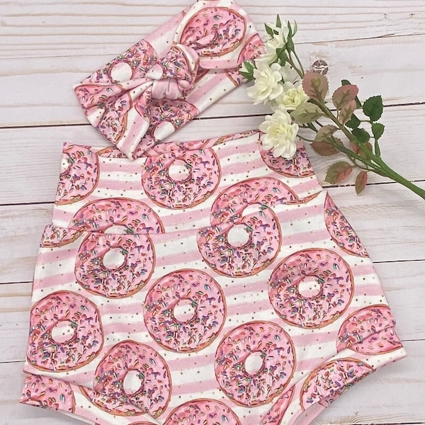 Girl Donut Bummies with Headband, High Waisted Bummies, Headband, Baby Bloomers, Baby Shorts, Diaper Cover, Organic Diaper Cover, Organic