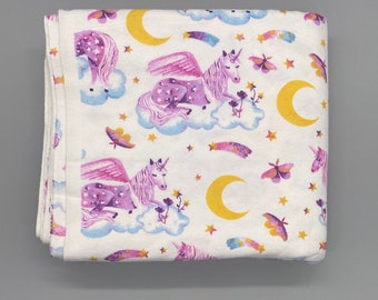 Lençol de flanela com estampa de unicórnios noturnos, conjunto de cama infantil para meninas.