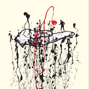 May include: Abstract art print featuring a hand reaching out from a white background. The hand is surrounded by black and red paint splatters, creating a chaotic and dynamic composition.