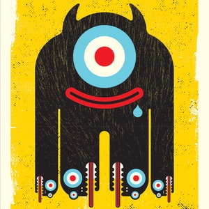 May include: A whimsical illustration of a black monster with a large, single eye featuring a red and blue bullseye design. The monster has small horns, a red smile, and a blue teardrop. The background is yellow with a textured, speckled effect.