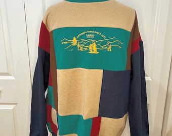 Upcycled National Parks Sweatshirt – Reworked Mountain Graphic Crewneck – Sustainable Thrifted Pullover – Outdoor Adventure Top