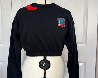 Upcycled Black Cropped Sweatshirt with Chili Pepper & Book Embroidery – Romance Reader Apparel