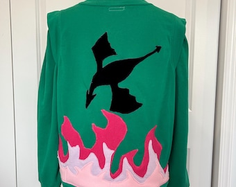 Upcycled Green Sweatshirt – Black Velvet Dragon, Pink Flames Appliqué, Book Lover Graphic