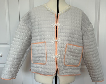 Upcycled Quilted Women’s Jacket with Embroidered Collar & Fasteners – Unique Handmade Fashion
