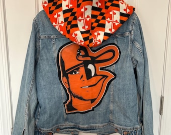 Upcycled Baltimore Orioles Jean Jacket, Hooded Denim Fan Jacket, Maryland Flag Hoodie Jacket, One of a Kind Baseball Streetwear