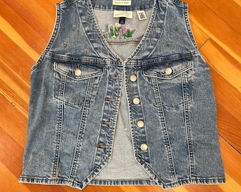 Hand Embroidered Denim Vest, Floral Jean Vest, Cottagecore Embroidered Vest, Upcycled Blue Denim Vest