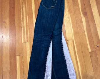 Upcycled Flare Jeans, Reworked Sequin Flare Pants, One of a Kind Y2K Festival Denim, Pink Sheer Panel Jeans