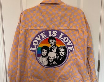 Upcycled Golden Girls Jacket, Love Is Love Jacket, Rainbow Checkerboard Denim Style Jacket, One of a Kind Pop Culture Statement Piece