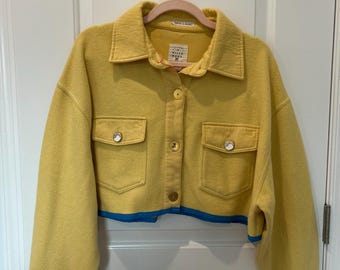 Upcycled Cropped Jacket, Mustard Yellow Shacket, One of a Kind Reworked Jacket, Boxy Fleece Shirt Jacket, Colorblock Statement Layer