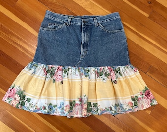 Upcycled Denim Mini Skirt, Floral Ruffle Jean Skirt, Cottagecore Patchwork Skirt, One of a Kind Boho Skirt, Reworked Denim Skirt