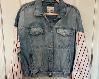Upcycled Baseball Jean Jacket, Reworked Denim Jacket, Pinstripe Sleeve Jacket, One of a Kind Sporty Streetwear Jacket, Cropped Denim Bomber