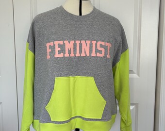 Upcycled Feminist Grey Sweatshirt with Neon Green Accents