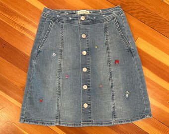 Upcycled Denim Mini Skirt, Embroidered Jean Skirt, Coastal Cottagecore, Button Front A Line Skirt