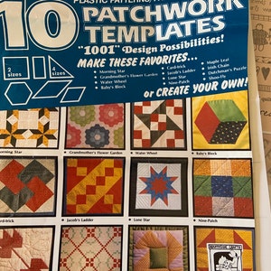 May include: A set of 10 plastic patchwork templates for quilting. The templates are labeled with names like "Morning Star", "Grandmother's Flower Garden", "Water Wheel", "Baby's Block", "Card-trick", "Jacob's Ladder", "Lone Star", "Nine-Patch", "Maple Leaf", "Irish Chain", "Dutchman's Puzzle", and "Shoo-Fly". The templates are designed for a 12-inch block size.