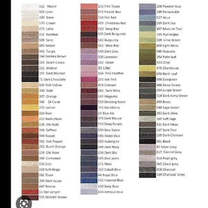 May include: A color chart featuring a wide array of hues, including shades of red, blue, green, and brown. Each color is labeled with a number and a descriptive name, such as "Pink Topaz" and "Dark Charcoal."