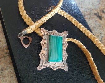 Malachite necklace, handcrafted copper pendant with green malachite stone, on a braided deerskin leather  necklace.