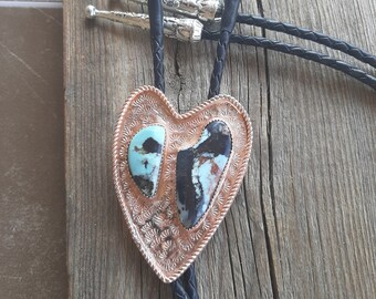 Turquoise bolo tie, unique turquoise heart rock, set in handcrafted and stamped copper, Western jewelry bolo tie,  heart shaped stones