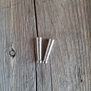 May include: Two silver-colored, threaded metal screws with rounded heads are positioned on a weathered, gray wooden surface. The screws are vertically oriented, with their threads clearly visible. The wood grain adds a rustic backdrop.