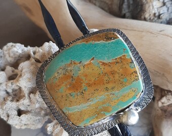 Big Turquoise Bolo tie, bold statement jewelry, unique green turquoise with brown matrix,set in custom handcrafted design sterling silver.