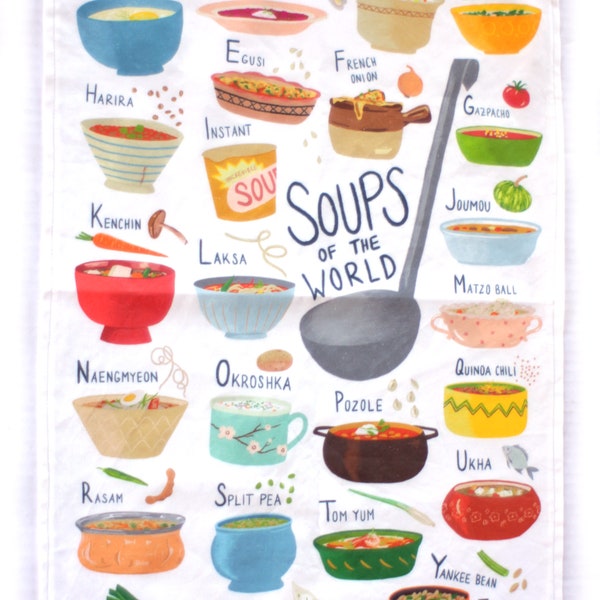 Soups of the World Tea Towel, Foodie Kitchen Gift, Sewn in North Carolina