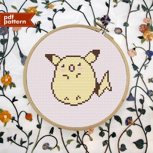 Chibi Pika chu Inspired Mini Cross Stitch Pattern PDF Small Embroidery Pattern 50x50 Stitch Simple Beginner DIY Cute Video Game Kawaii Anime