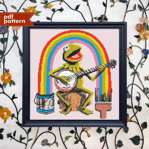 Kermit Frog Inspired Paint Rainbow Connection Cross Stitch Pattern PDF Embroidery 140x150 DIY Muppet Puppet Birthday Kid Nursery Craft GIft